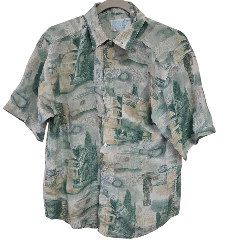 Whitby Washed Silk Button Down Shirt Green Architectural Print Vintage Style M